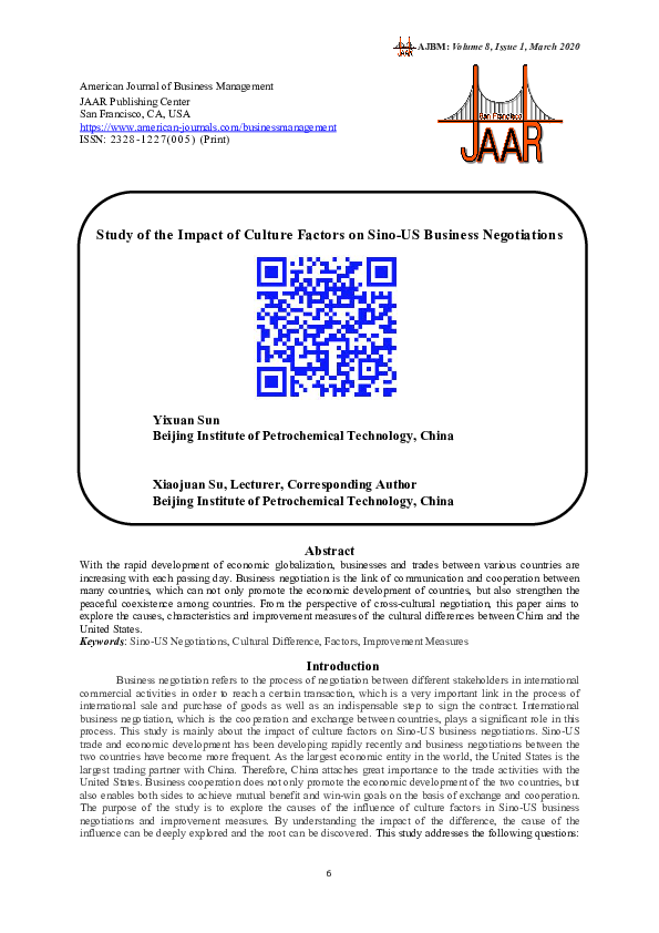(PDF) Study of the Impact of Culture Factors on Sino-US Business ...