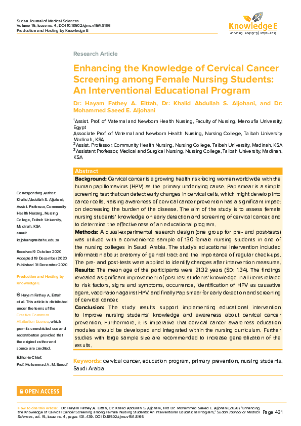 (PDF) Enhancing the Knowledge of Cervical Cancer Screening among Female ...