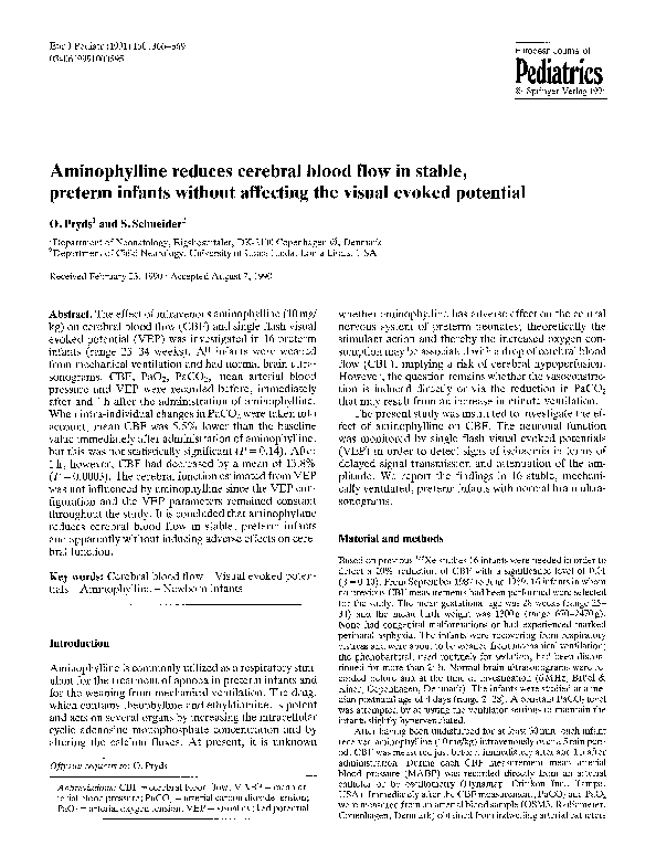 (PDF) Aminophylline reduces cerebral blood flow in stable, preterm ...
