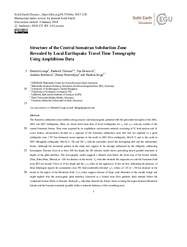 (PDF) Structure of the Central Sumatran Subduction Zone Revealed by ...