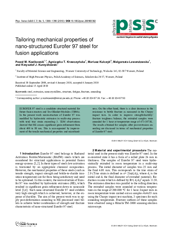 (PDF) Tailoring mechanical properties of nano-structured Eurofer 97 ...