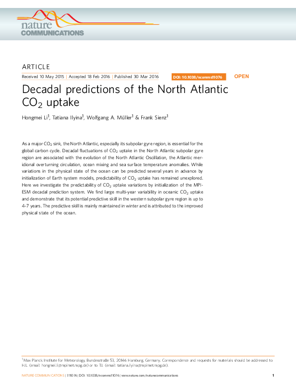 (PDF) Decadal predictions of the North Atlantic CO2 uptake