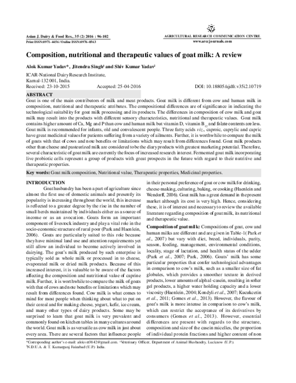 (PDF) Composition, nutritional and therapeutic values of goat milk: A ...
