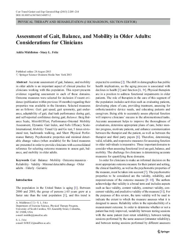 (PDF) Assessment of Gait, Balance, and Mobility in Older Adults ...