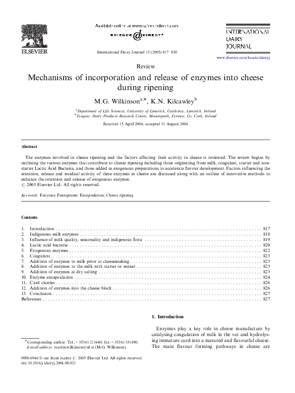 (PDF) Mechanisms of incorporation and release of enzymes into cheese