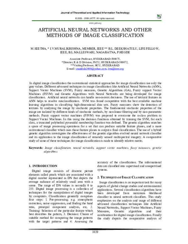 (PDF) Artificial Neural Networks and Other Methods of Image Classification