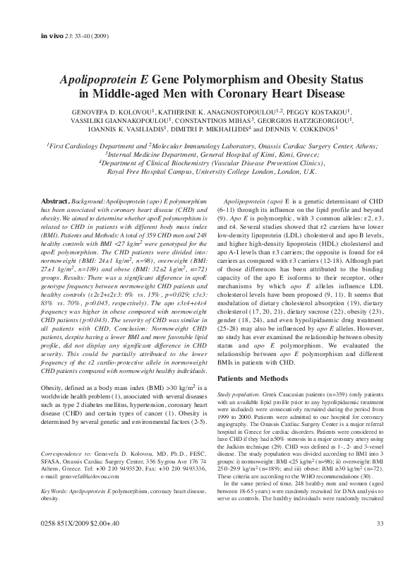 (PDF) Apolipoprotein E gene polymorphism and obesity status in middle ...