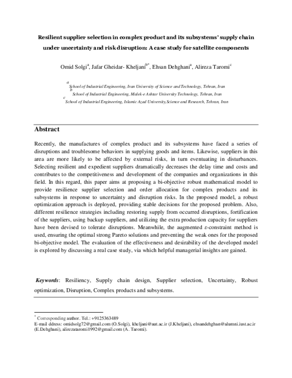 (PDF) Resilient supplier selection in complex product and its ...