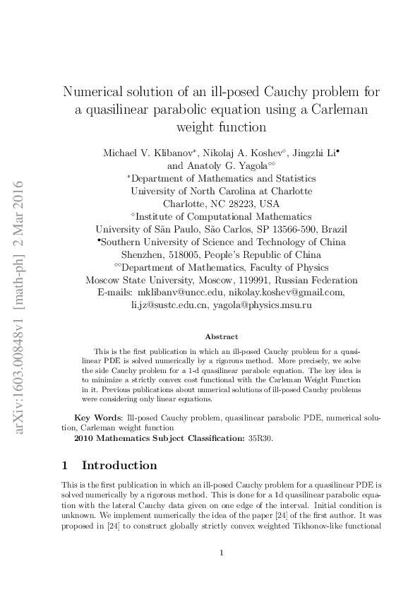 (PDF) Numerical solution of an ill-posed Cauchy problem for a ...