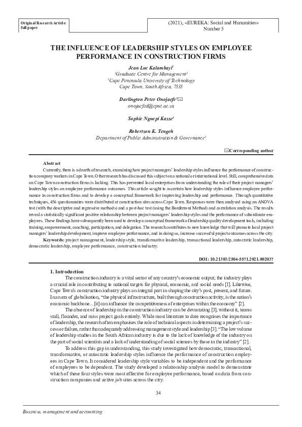 (PDF) The influence of leadership styles on employee performance in ...