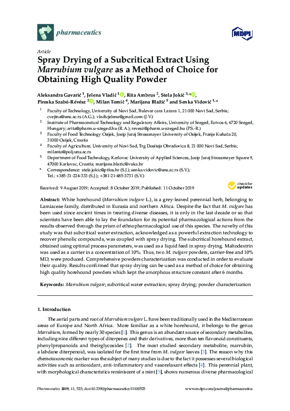 (PDF) Spray Drying of a Subcritical Extract Using Marrubium vulgare as ...