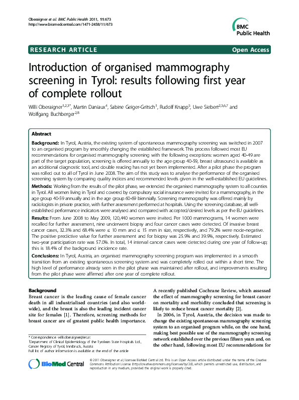 (PDF) Introduction of organised mammography screening in tyrol: results ...