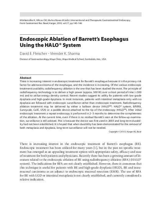 (PDF) Endoscopic Ablation of Barrett’s Esophagus Using the Halo® System