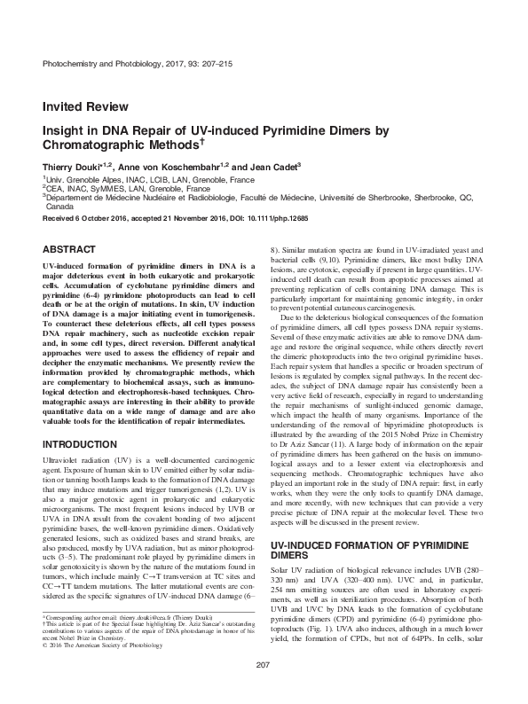 (PDF) Insight in DNA Repair of UV-induced Pyrimidine Dimers by ...
