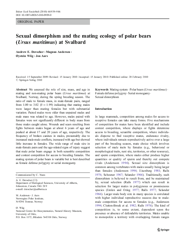 (PDF) Sexual dimorphism and the mating ecology of polar bears (Ursus ...