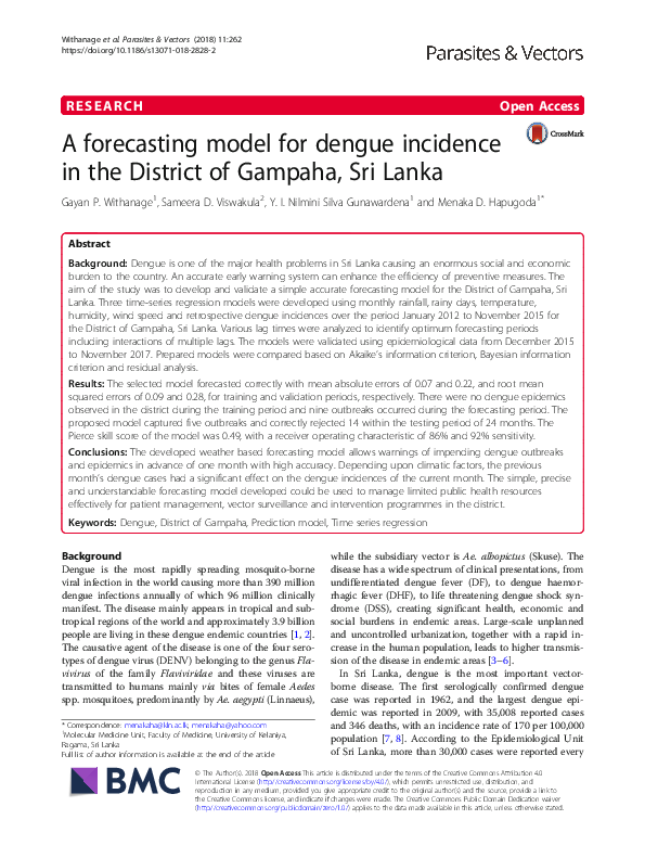(PDF) A forecasting model for dengue incidence in the District of ...
