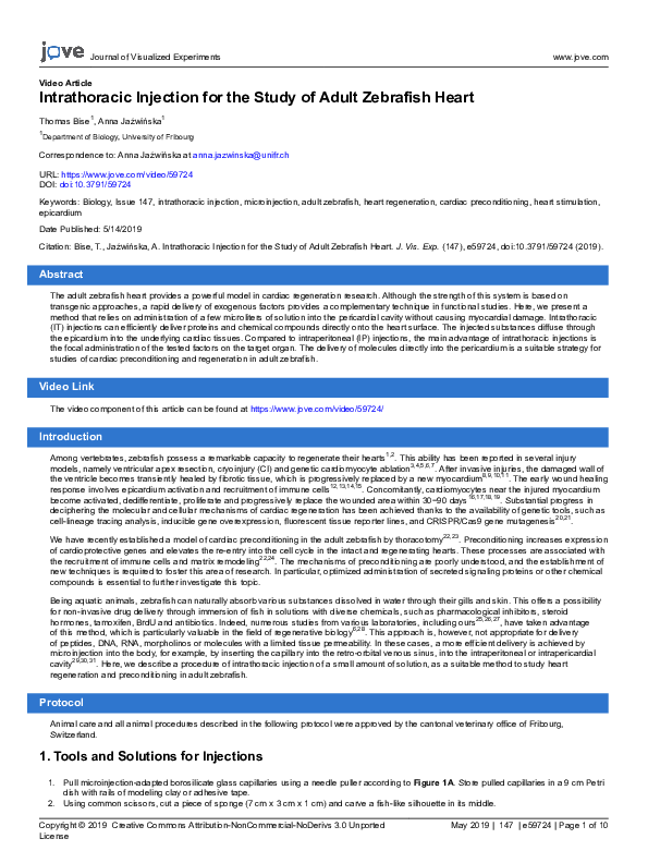 (PDF) Intrathoracic Injection for the Study of Adult Zebrafish Heart