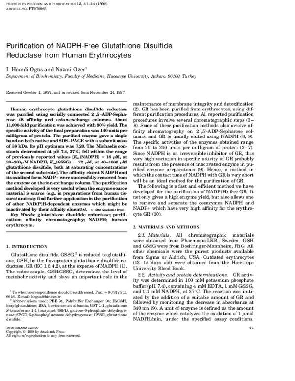 PDF) Purification of NADPH-Free Glutathione Disulfide Reductase from Human  Erythrocytes