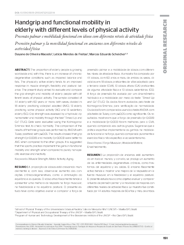 (PDF) Handgrip and functional mobility in elderly with different levels ...