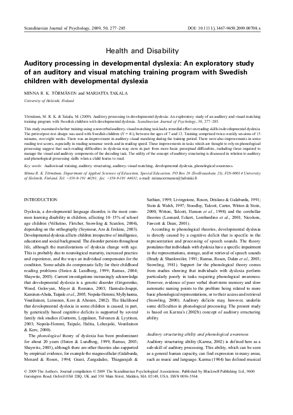 (PDF) Auditory processing in developmental dyslexia: An exploratory ...