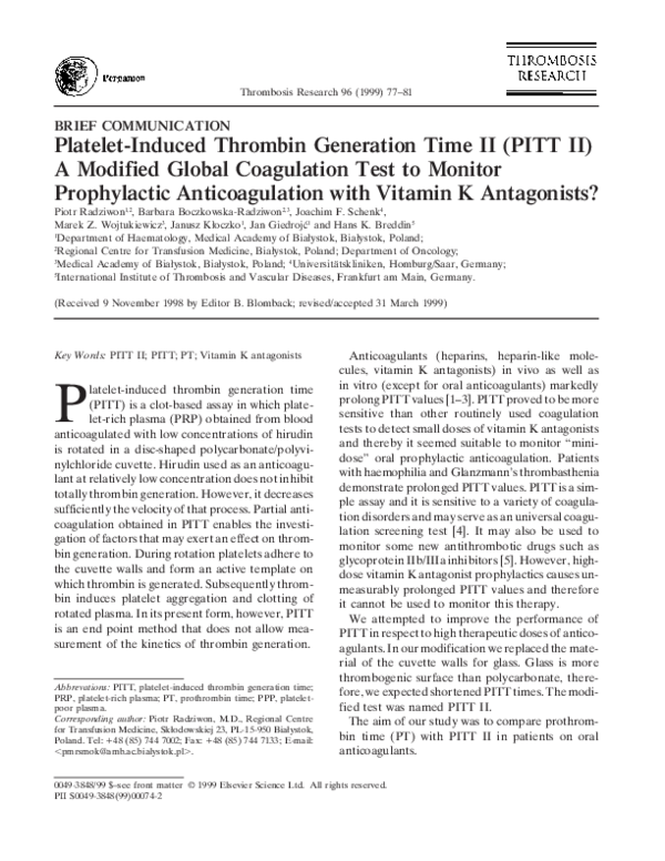 (PDF) Platelet-Induced Thrombin Generation Time II (PITT II) A Modified ...
