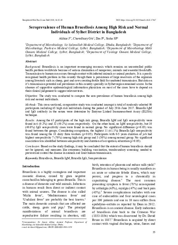 (PDF) Sero-prevalence of human brucellosis in high risk individuals and ...