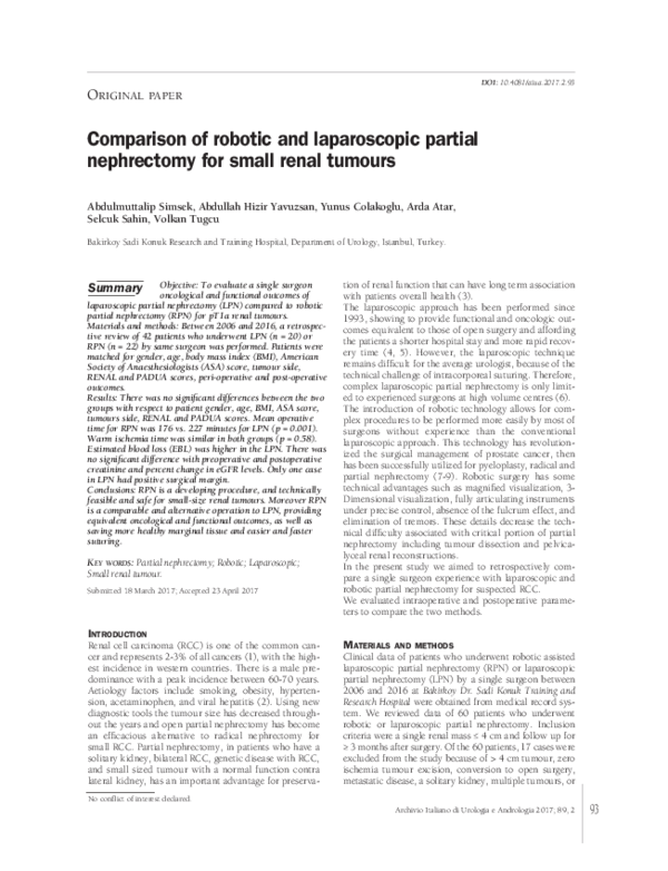 (PDF) Comparison of robotic and laparoscopic partial nephrectomy for ...