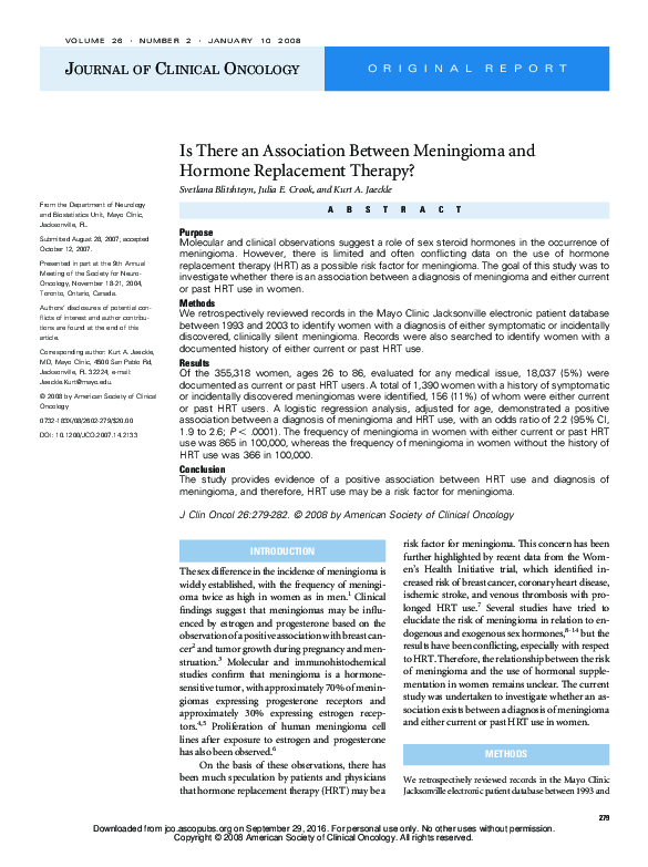 Is There an Association Between Meningioma and Hormone Replacement Therapy?