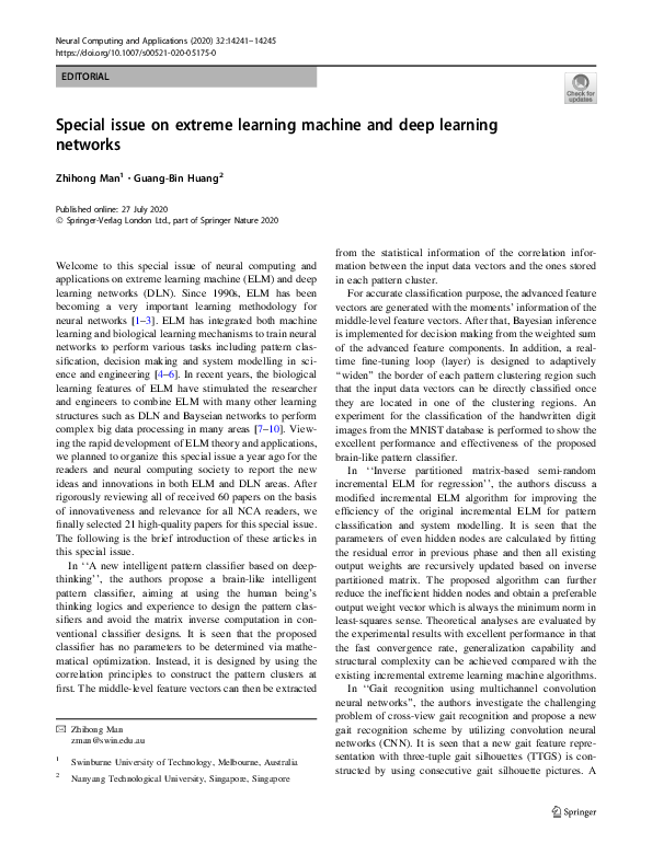(PDF) Special issue on extreme learning machine and deep learning networks