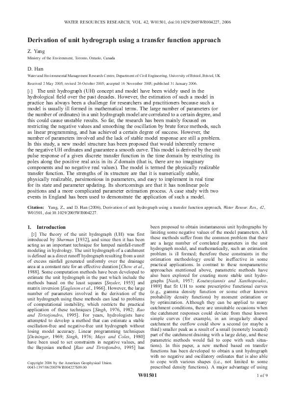 (PDF) Derivation of unit hydrograph using a transfer function approach