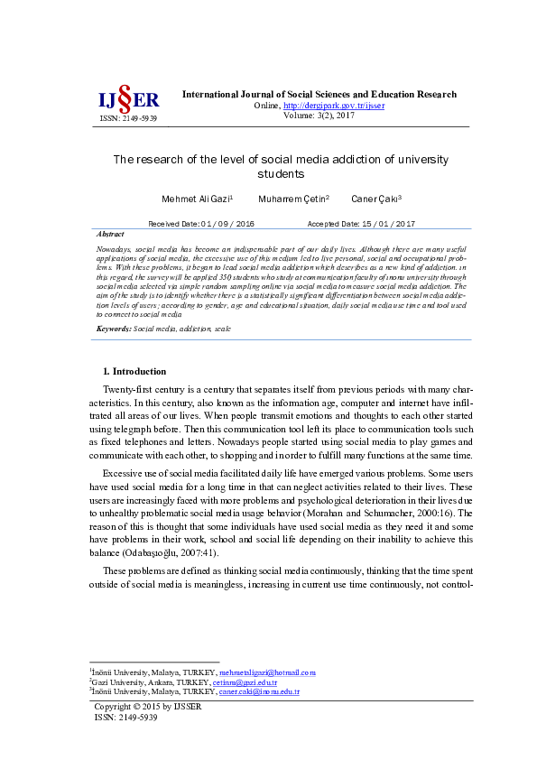 (PDF) The research of the level of social media addiction of university ...