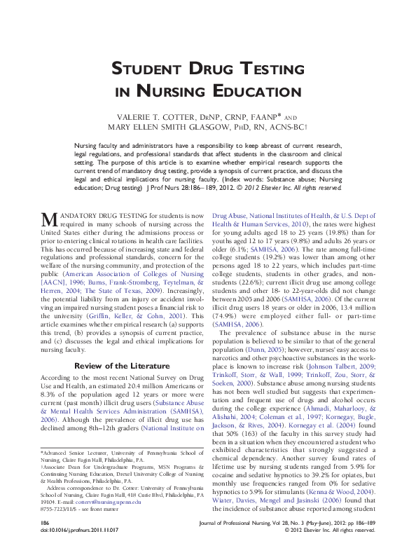 (PDF) Student Drug Testing in Nursing Education Mary Ellen Glasgow