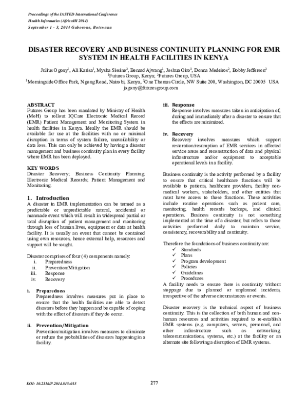 (PDF) Disaster Recovery and Business Continuity Planning for EMR System