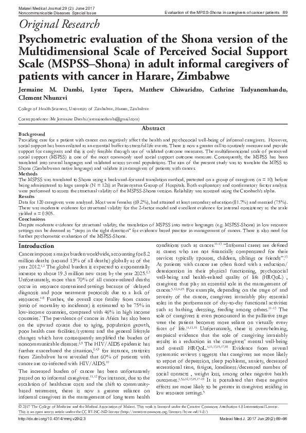(PDF) Psychometric evaluation of the Shona version of the ...