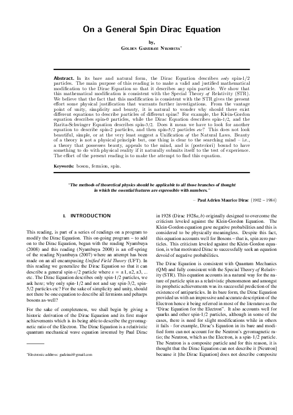 (PDF) On a General Spin Dirac Equation