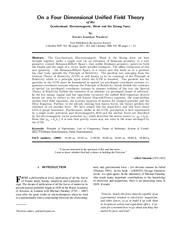 (PDF) On a Four Dimensional Unified Field Theory of the Gravitational ...