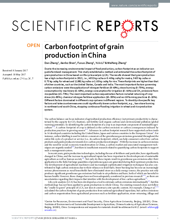 (PDF) Carbon footprint of grain production in China