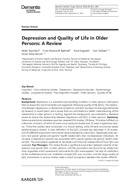 (PDF) Depression and Quality of Life in Older Persons: A Review