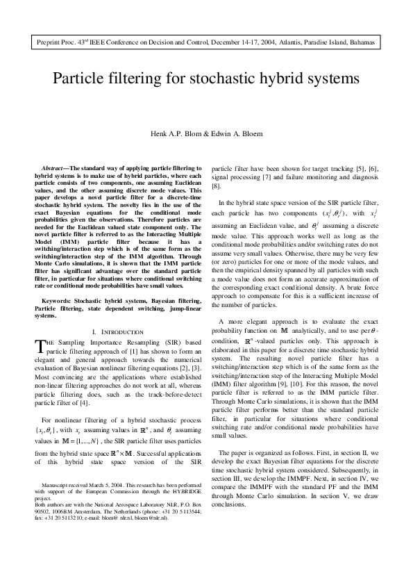 (PDF) Particle filtering for stochastic hybrid systems