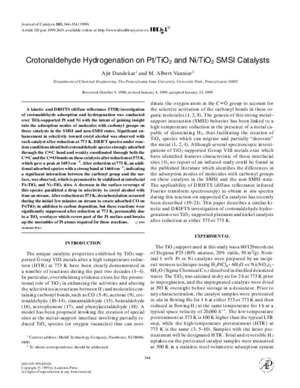 (PDF) Crotonaldehyde Hydrogenation on Pt/TiO2and Ni/TiO2SMSI Catalysts
