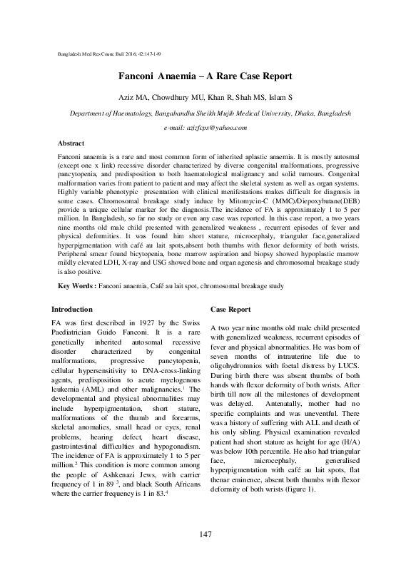 (PDF) Fanconi Anaemia A Rare Case Report Rafiquzzaman Khan