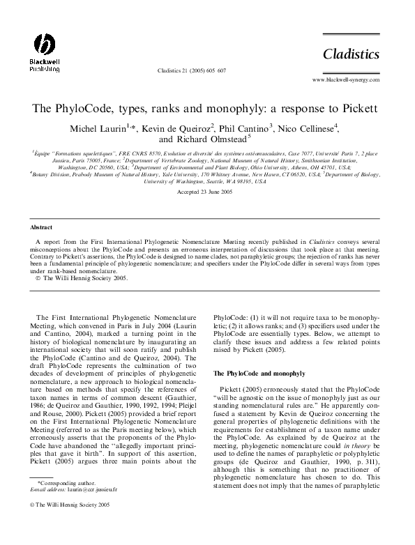 (PDF) The PhyloCode, types, ranks and monophyly a response to Pickett