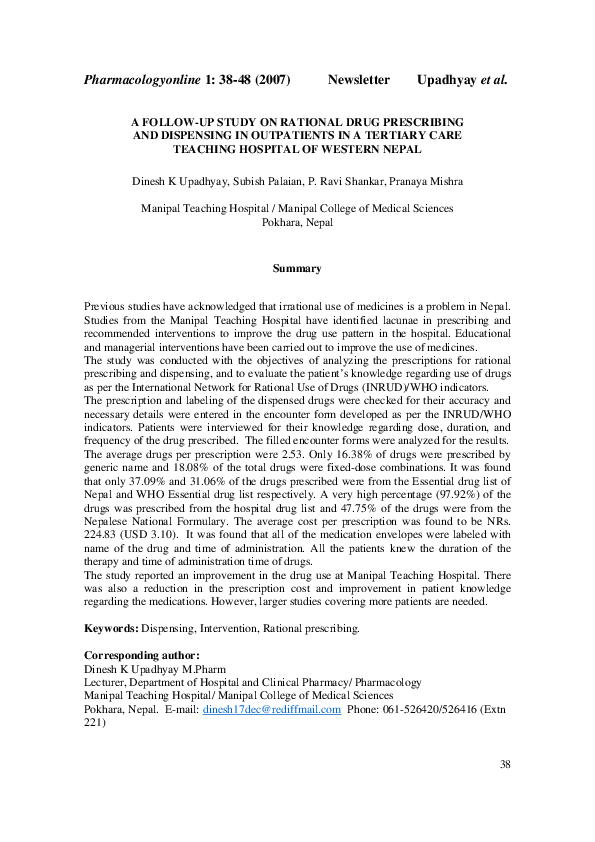 (PDF) A follow-up study on rational drug prescribing and dispensing in ...