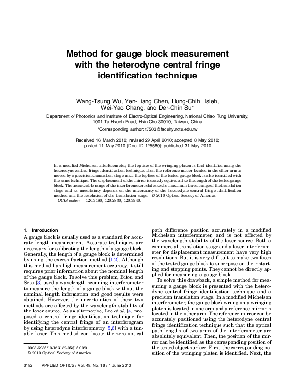 (PDF) Method for gauge block measurement with the heterodyne central fringe identification