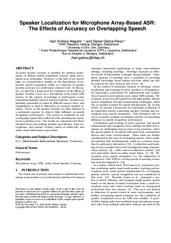 (PDF) Speaker localization for microphone array-based ASR