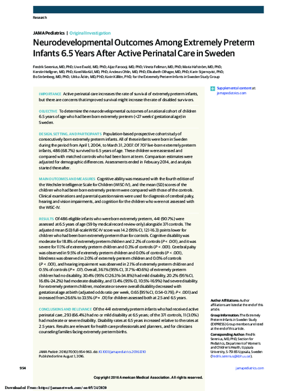 (PDF) Neurodevelopmental Outcomes Among Extremely Preterm Infants 6.5 ...