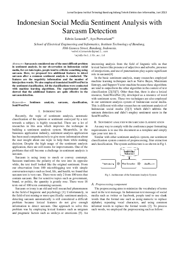 (PDF) Indonesian social media sentiment analysis with sarcasm detection
