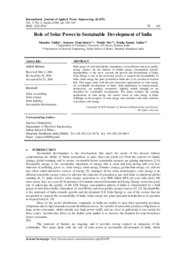 (PDF) Role of Solar Power in Sustainable Development of India