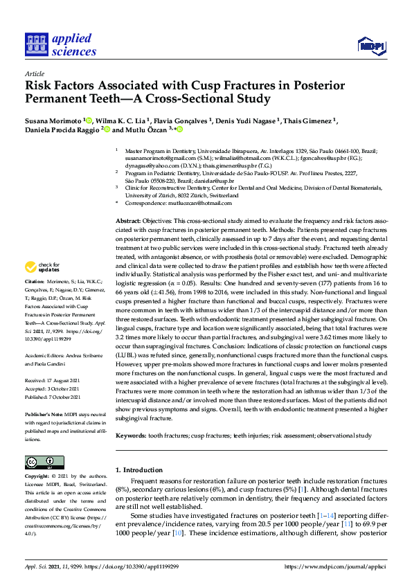 (PDF) Risk Factors Associated with Cusp Fractures in Posterior Permanent TeethA CrossSectional