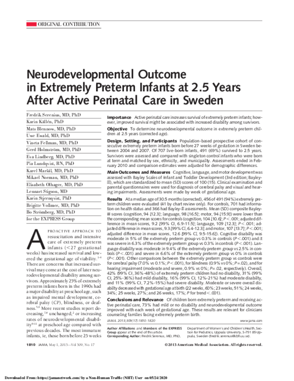 (PDF) Neurodevelopmental Outcome in Extremely Preterm Infants at 2.5 ...